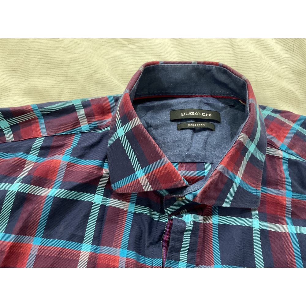 Bugatchi Mens Shaped Fit Plaid Button Down Shirt Navy Burgundy Blue Long Sleeve